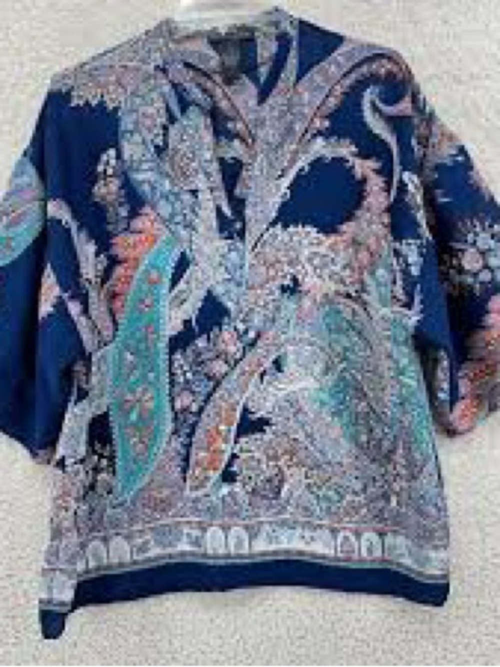 Zara, Paisley Resort Boho Tunic Blouse Split Neck Kimono Sleeve Navy Size Small - Picture 2 of 7